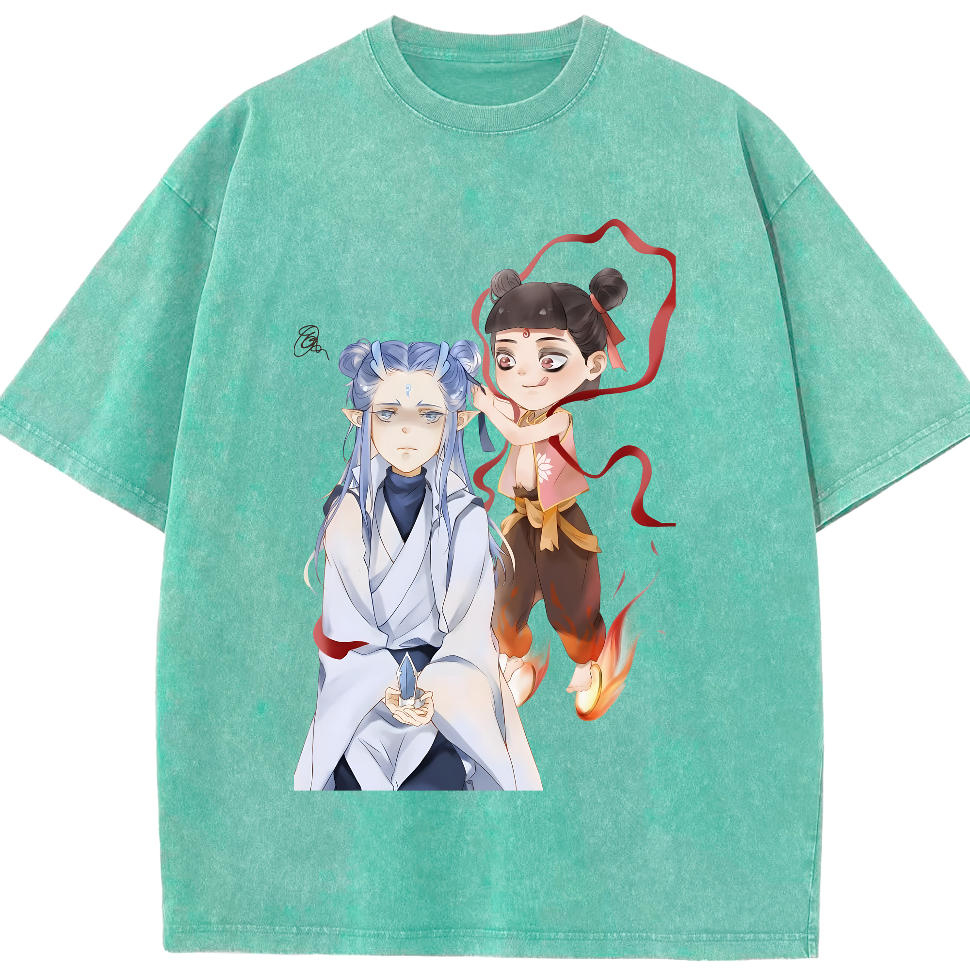（画像用） Ne Zha 2 ナタ 魔童の大暴れ 綿100% ヴィンテージ風 半袖Tシャツ（フロントプリント）